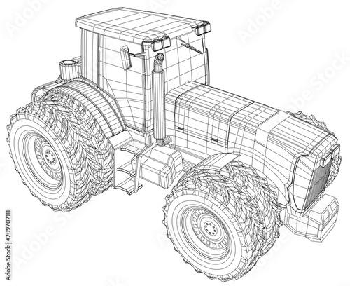 Vector wheeled tractor isolated on white background. Side view. Tracing illustration of 3d. EPS 10 vector format.