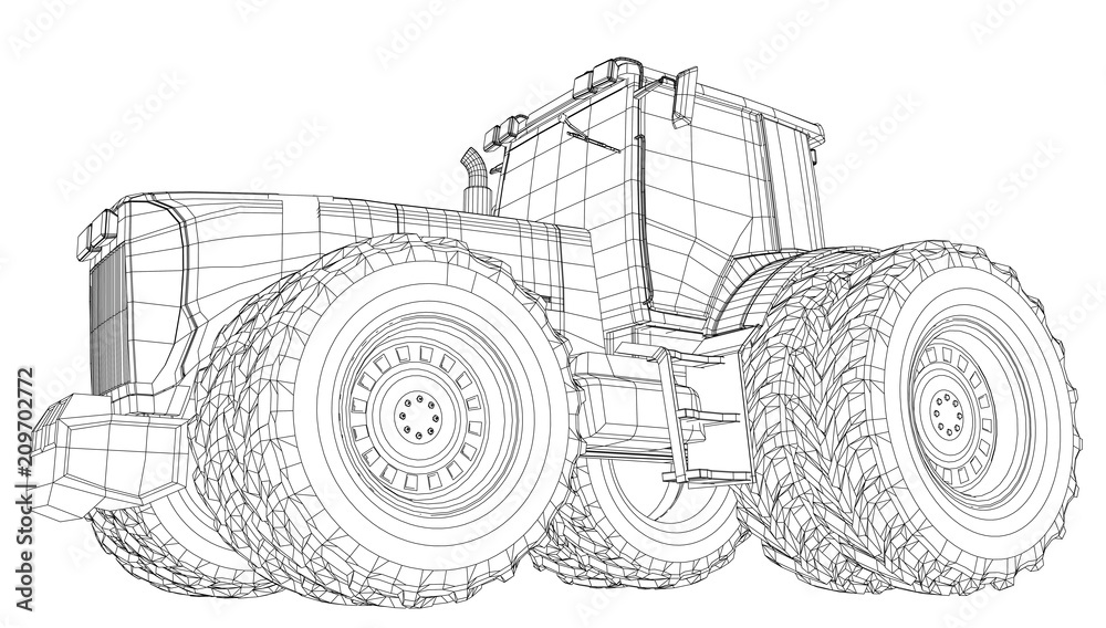 Vector tractor. Side view. Wire-frame tracing illustration of 3d. EPS 10 vector format