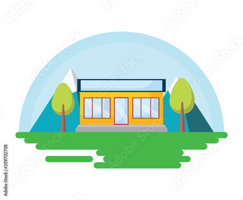 shop and trees over landscape and white background, colorful design. vector illustration