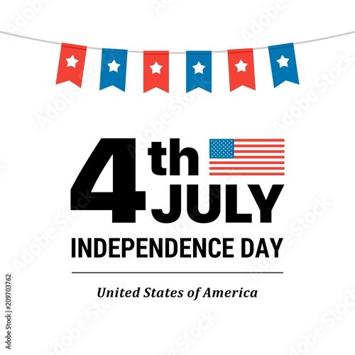 4th of July the Independence Day card with many little flags. Flat vector patriotic illustration card
