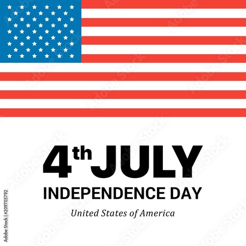 Big American Flag on white background with Independence Day words. Flat vector patriotic 4th of July illustration card