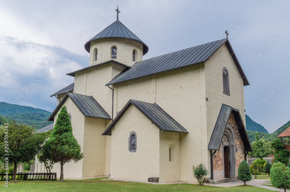 church, monastery, moracha, montenegro, architecture, building, religion, old, sky, europe, roof, blue, orthodox, landmark, travel, religious, house, stone, history, tourism, ancient, historical, cros