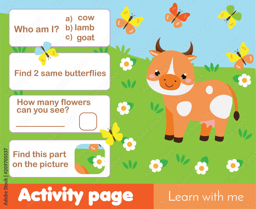 Activity page for kids with cow. Educational children game farm animals theme