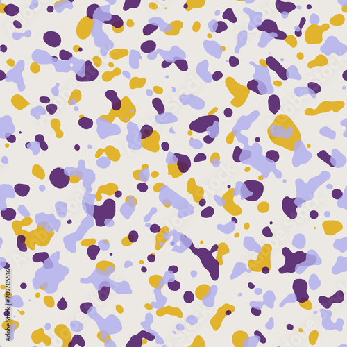 Abstract shapes seamless pattern. Yellow and lilac spots background, Abstract style vector illustration