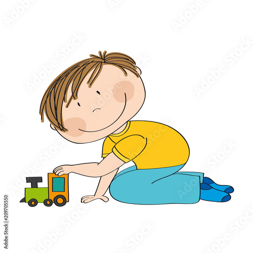 Cute happy little boy is kneeling on the floor and playing with choo choo train - original hand drawn illustration.