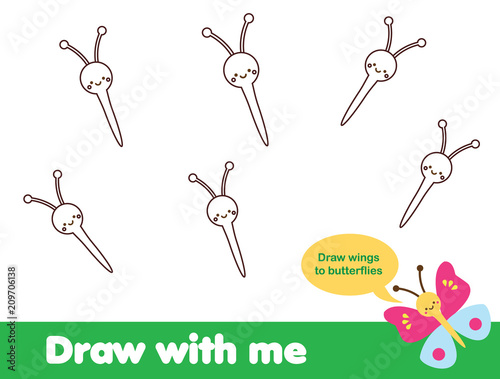 Educational game. Complete the picture for kids. Draw wings for butterfly. Printable worksheet for toddlers