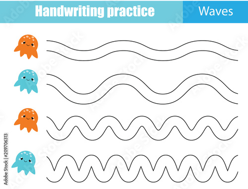 Handwriting practice sheet. Educational children game, printable worksheet for kids. Tracing Waves