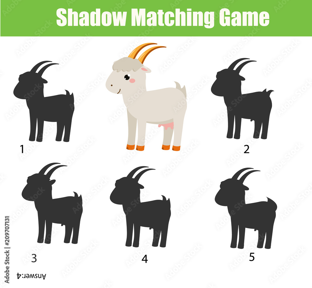 Shadow matching game for children. Find the right shadow for cartoon goat. Activity for preschool kids and toddlers
