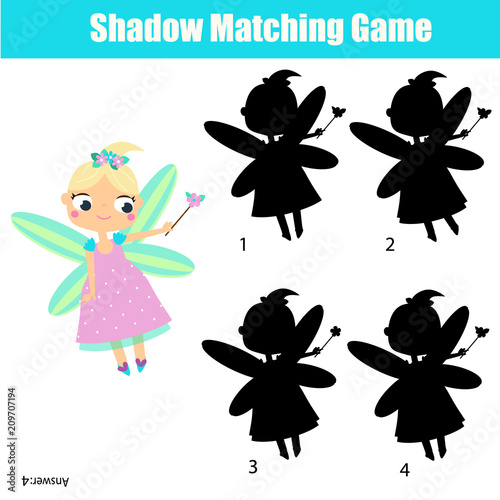 Shadow matching game for children. Find the right shadow. Activity for preschool kids with beautiful fairy character