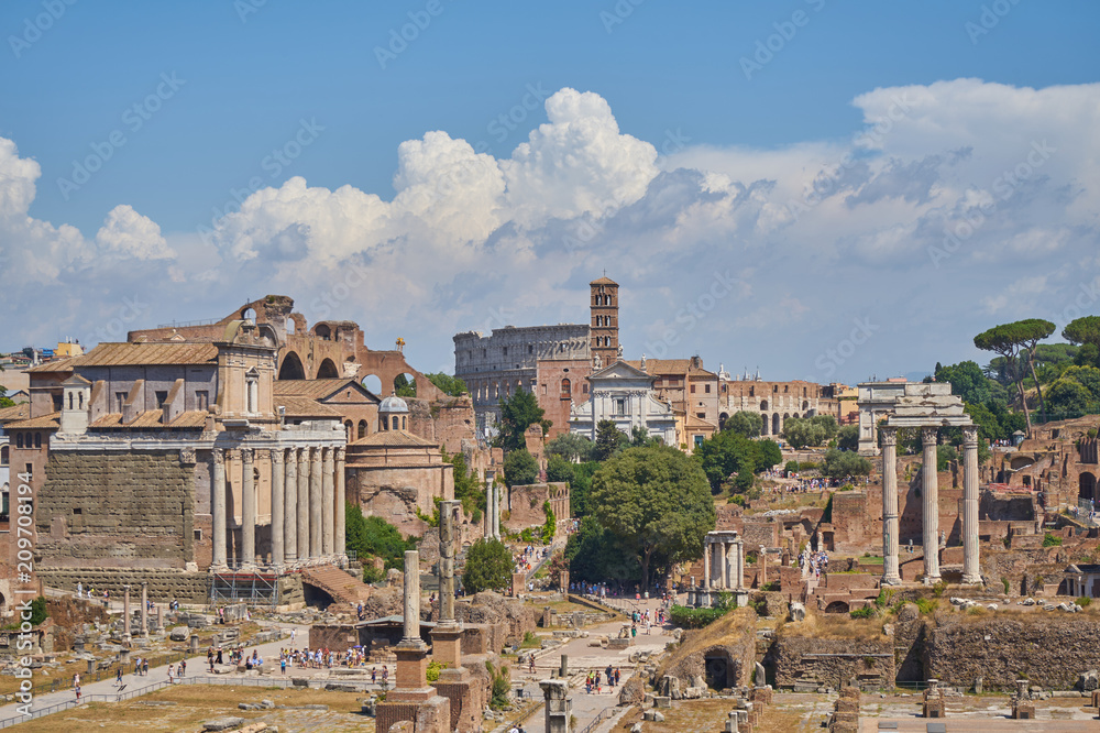 Roman forum. Historical Rome. Old buildings and columns. 