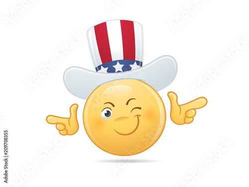 Cool smiley emoticon with Uncle Sam's hat showing finger guns vector cartoon illustration