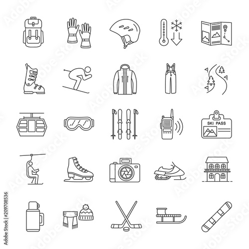 Winter activities linear icons set