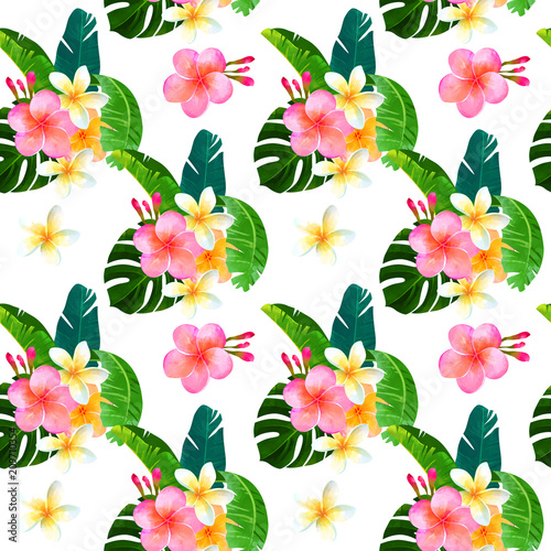 Fototapeta Naklejka Na Ścianę i Meble -  Tropical seamless pattern with bouquet of monstera leaves, hibiscus, plumeria . Fashionable plant illustration. Summer background. It's perfect for textile and wrapping paper.