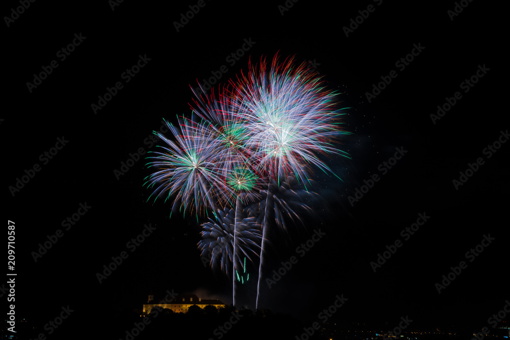 Beautiful colorful firework in city Brno on Spilberk