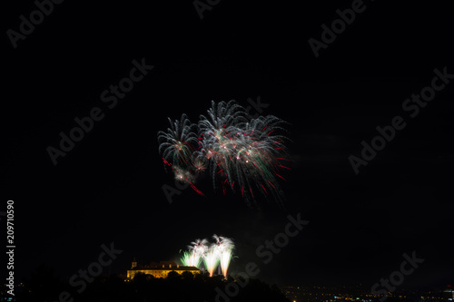 Beautiful colorful firework in city Brno on Spilberk