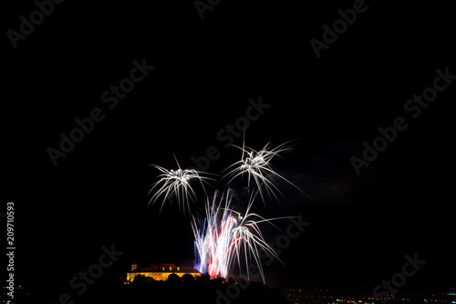 Beautiful colorful firework in city Brno on Spilberk