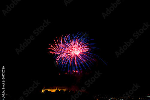 Beautiful colorful firework in city Brno on Spilberk