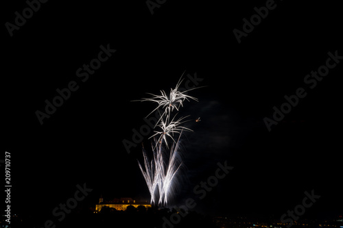 Beautiful colorful firework in city Brno on Spilberk