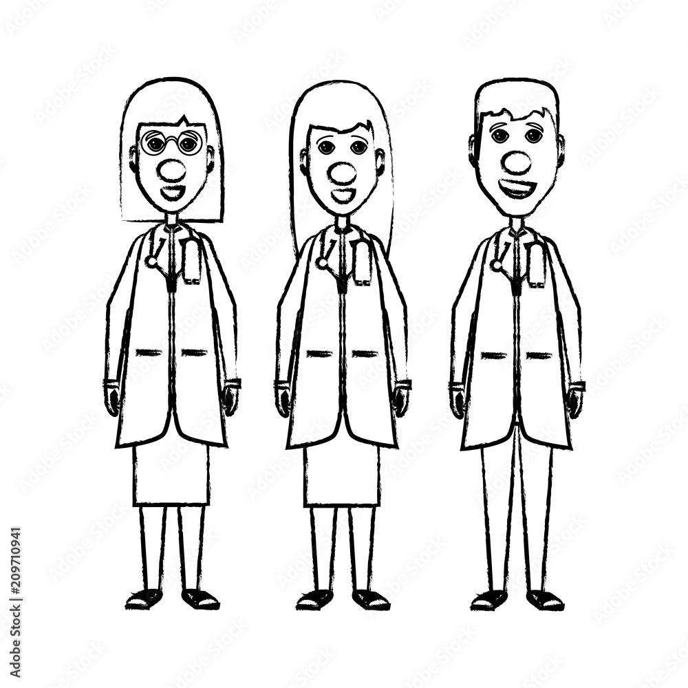Cartoon happy doctors with red noses over white background, vector illustration