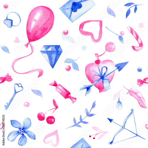 Hand drawn illustration with balloon, diamond, arrow, hearts, sweets, flowers, perfume, letter. It's perfect for textile, wrapping paper. Seamless watercolor pattern.