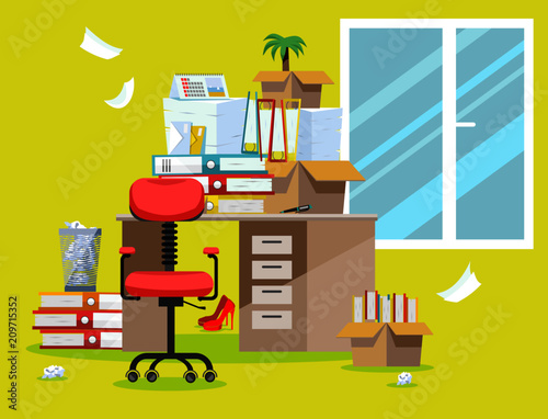 Period of accountants and financier reports submission. Pile of paper documents and file folders in cardboard boxes on office table. Flat vector illustration windows, chair and waste-basket