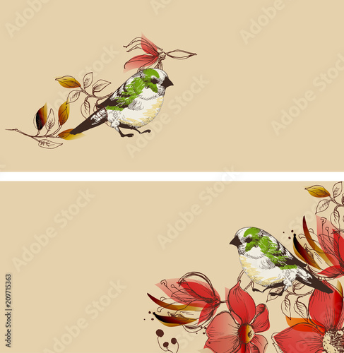 Flowers and cute birds banners set