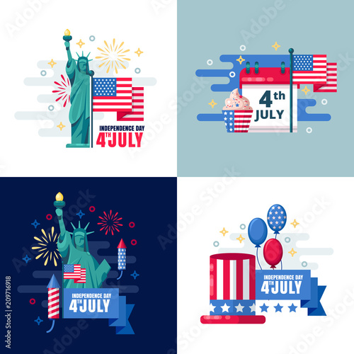 4 of July, USA Independence Day sticker, label design elements. Vector holiday greeting card illustration