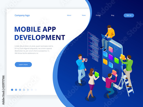 Isometric web banner mobile app development concept. Mobile technology operating system creative process visualization. User experience.