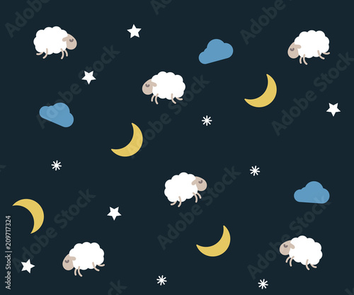 Cute night seamless pattern background for kids bedtime sleeping. Vector wallpaper illustration with clouds, moons, stars, sheeps or lambs