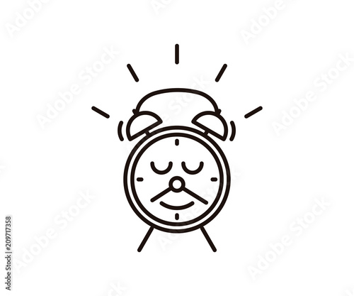 Cute alarm clock character with a smile and a mustache made of the minutes and hours pointer arrows. Vector icon illustration for morning and waking up subjets, education, kids, school, students