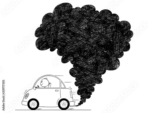 Vector artistic pen and ink drawing illustration of smoke coming from car exhaust into air. Environmental concept of pollution.