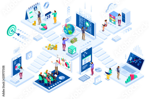 Investment and virtual finance. Communication and contemporary marketing. Future and office devices working on investments. Infographic for web banner, hero images. Flat isometric vector illustration.
