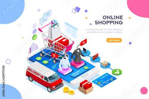 Website order on mobile clothing app. Edit and easy customize isolated landing page, buy or shipping cart template. Infographics, images for web banner. Flat isometric vector illustration.