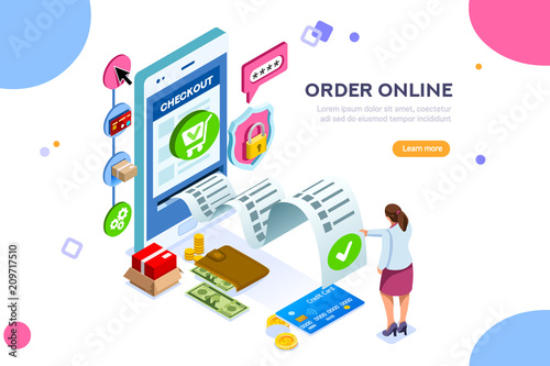Analysis, statistics, online services. Financial transaction, mobile bank on smartphone. Images can used for web banner or infographics. Flat isometric vector illustration isolated on white background