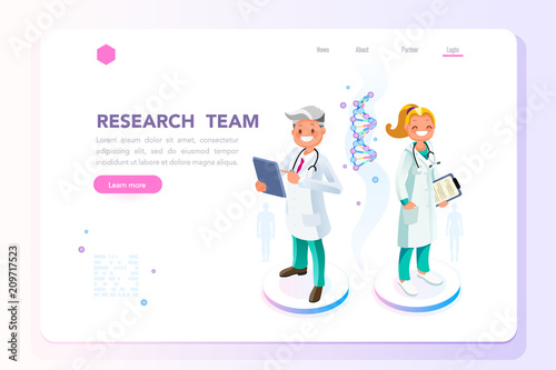 Research, science and technology concept. Scientists characters standing together. Can use for web banner, infographics, hero images. Flat isometric people vector illustration.