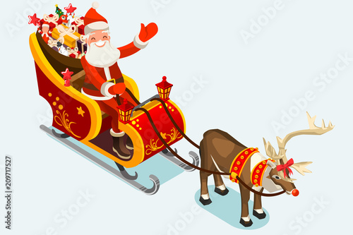Santa Claus sleigh for present flyer. Merry Christmas background or happy new year card. Isometric people winter flat vector design.