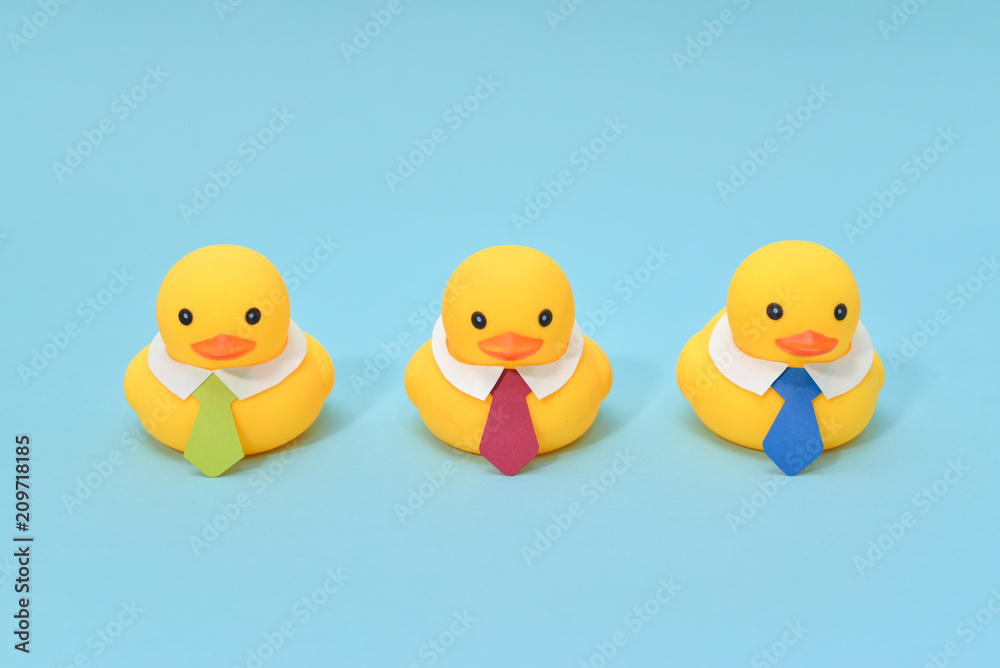Office life concept, rubber ducks are waring neckties, ready to work Office life concept, rubber ducks are waring neckties, ready to work