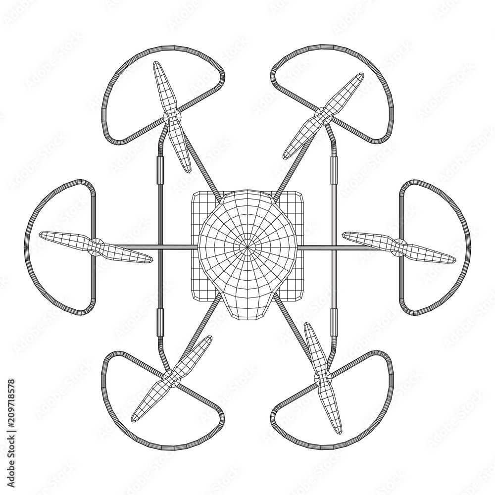 Remote control air drone. Dron flying with action video camera. Wireframe low poly mesh vector illustration Remote control air drone. Dron flying with action video camera. Wireframe low poly mesh vector illustration