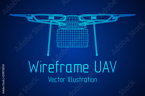 Remote control air drone. Dron flying with action video camera. Wireframe low poly mesh vector illustration