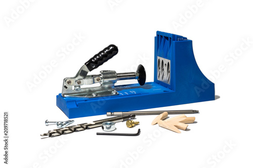 Blue Pocket hole jig, dowel jig, isolated image on white background