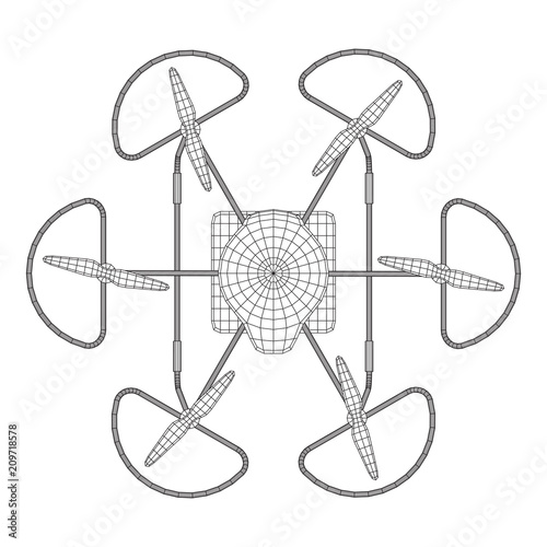 Remote control air drone. Dron flying with action video camera. Wireframe low poly mesh vector illustration