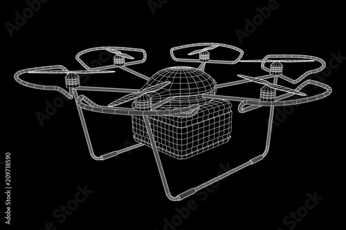 Remote control air drone. Dron flying with action video camera. Wireframe low poly mesh vector illustration