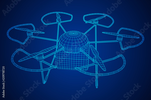 Remote control air drone. Dron flying with action video camera. Wireframe low poly mesh vector illustration