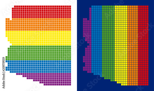 Dot LGBT Arizona State map variants. Vector geographic plans in spectral colors with vertical and horizontal directions on white and blue backgrounds.