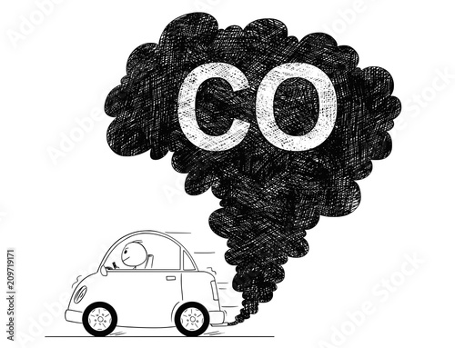 Vector artistic pen and ink drawing illustration of smoke coming from car exhaust into air. Environmental concept of CO or carbon monoxide pollution.