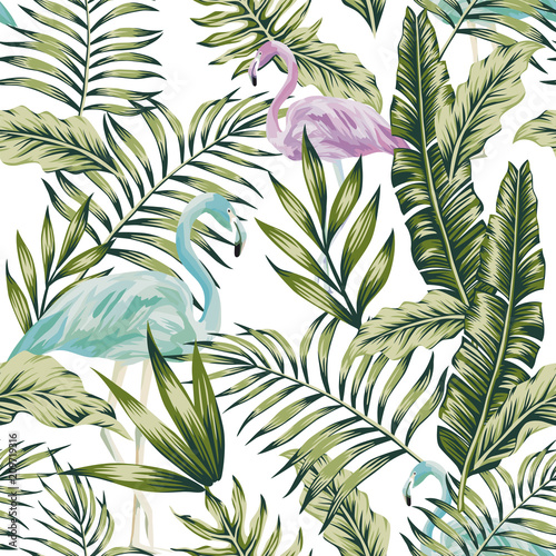 Pastel green jungle blue flamingo white background
