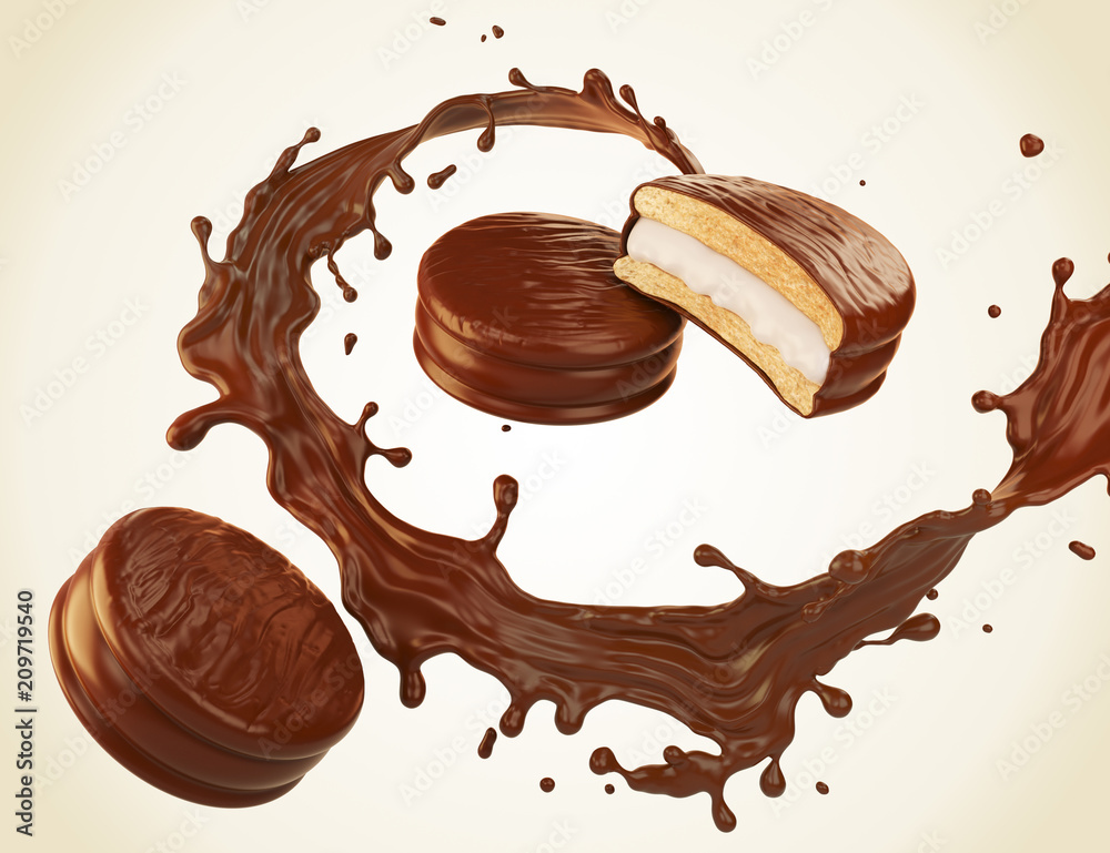 Chocolate pie with Chocolate or Cocoa Splash, 3d illustration ...