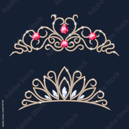 Tiara crowns set. Wedding diadem with diamonds and gems.