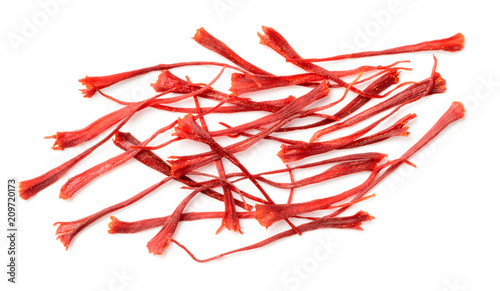 dried saffron spice isolated on white background, top view