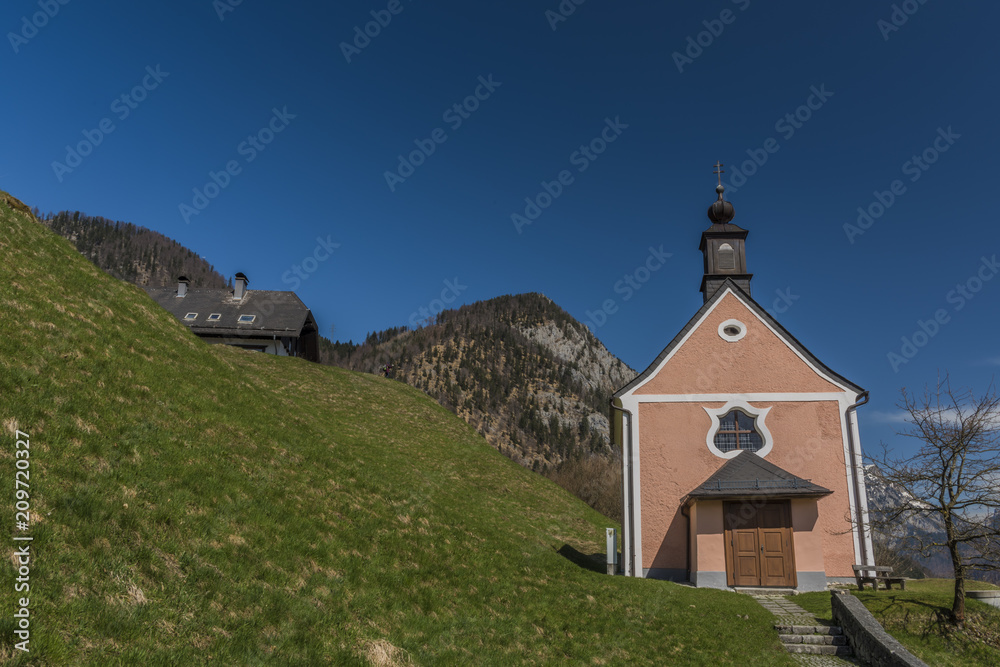 Chapel over Ebensee town with nice blue sky